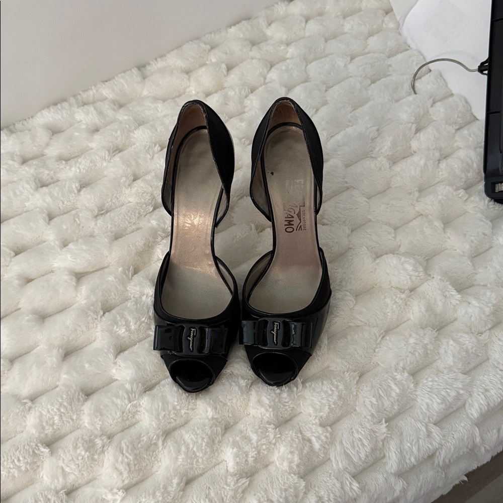 Salvatore Ferragamo Black Bow Peep Toe Heels